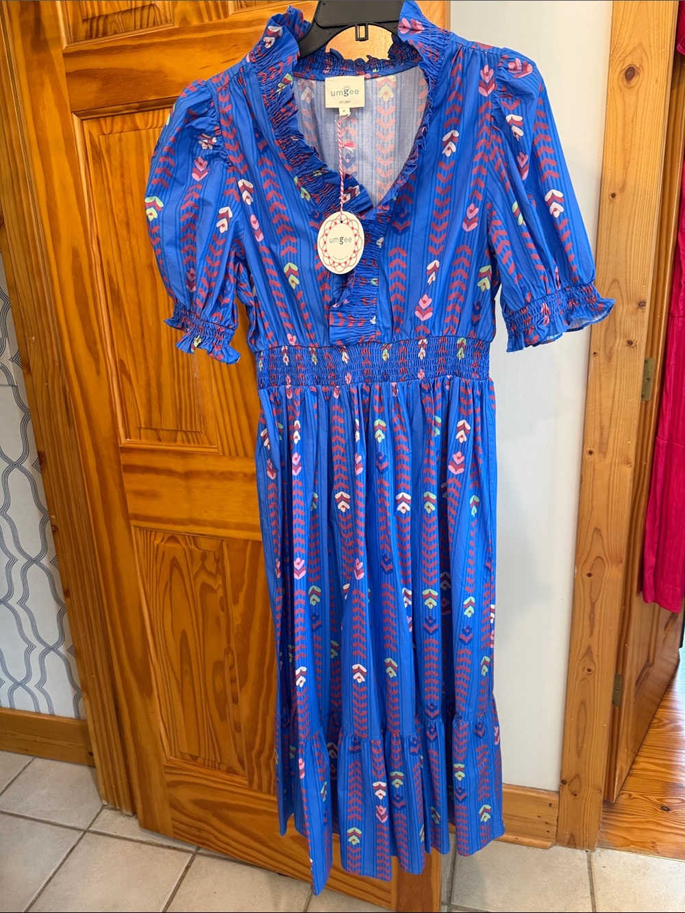 NWT Umgee Blue Printed Smocked Waist Midi Dress - Boutique